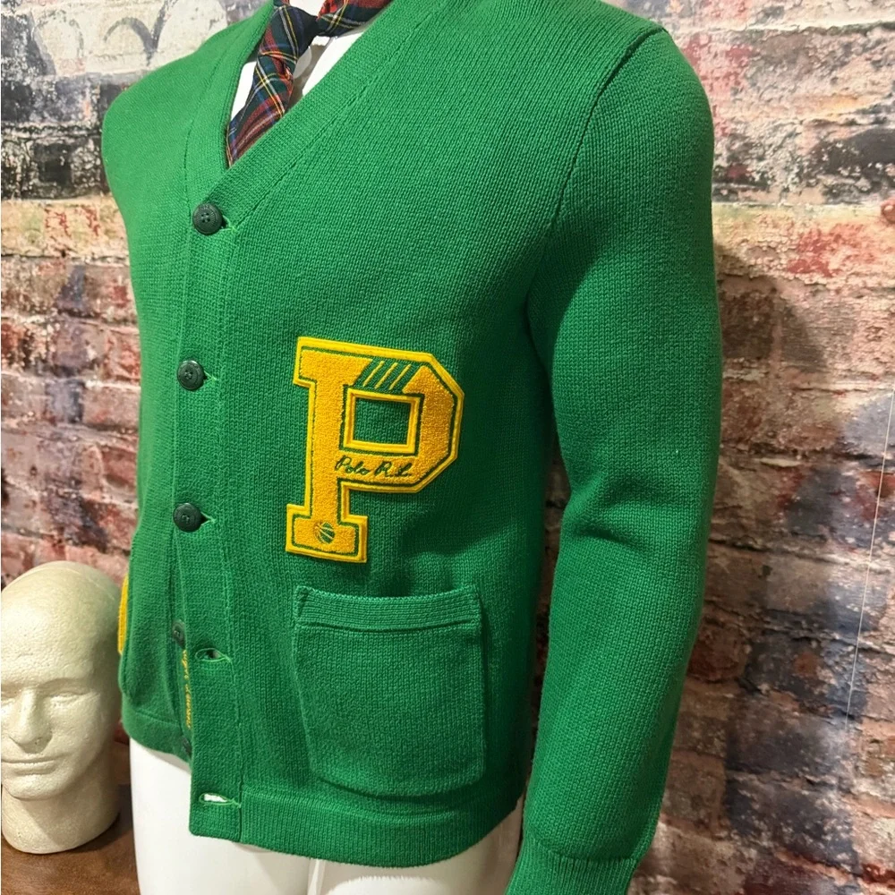 NEW POLO RL Green Cardigan with Yellow Letter P Patch - Picture 3 of 9